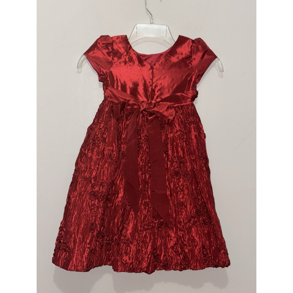 Cinderella Girls Red Holiday Party Dress Rosette Skirt Size 4/4T Crinkle Satin‎